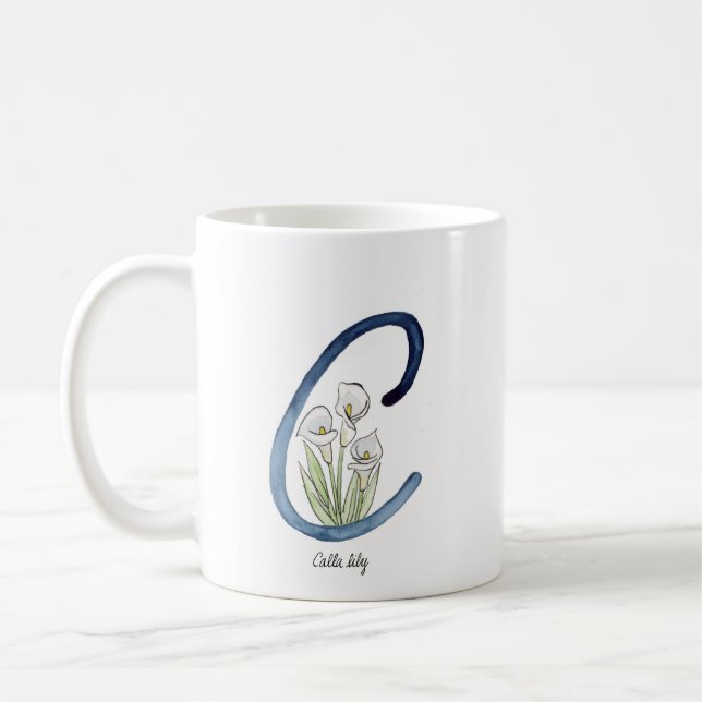 Mug Lettre "C", fleur d'aquarelle initiale de muqueuse (Gauche)