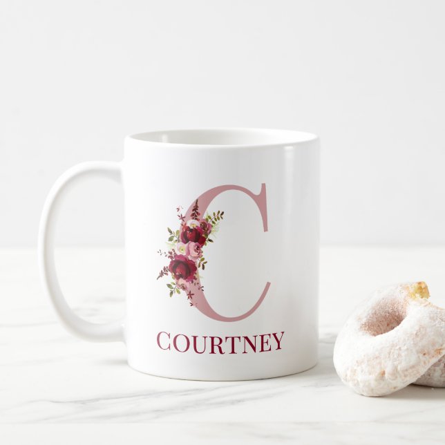 Mug Lettre C Floral Burgundy Blush (Avec donut)