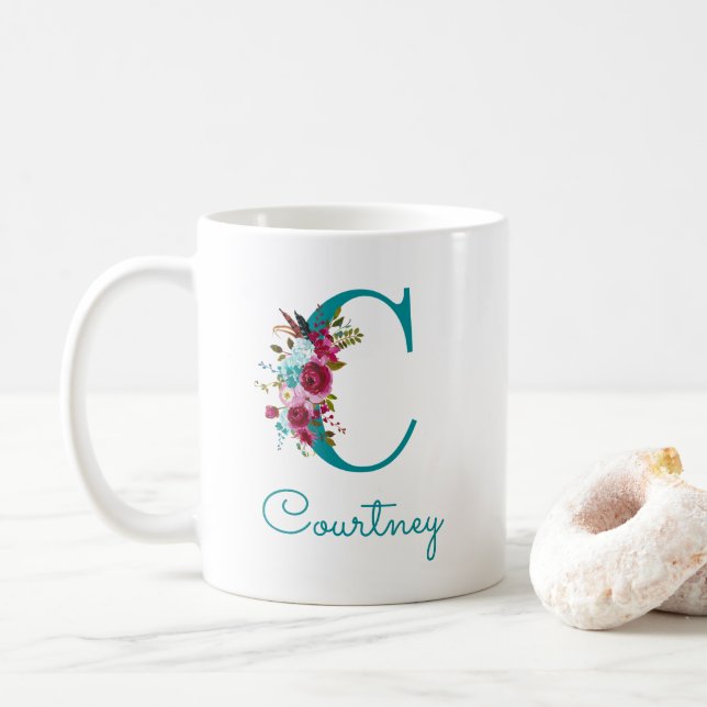 Mug Lettre C Floral rose Turquoise (Avec donut)