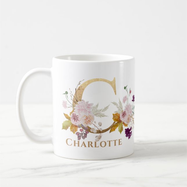 Mug Lettre C - Gold Floral Nom soeur collègue ami coll (Gauche)