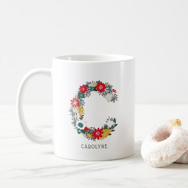 Mug Lettre C | LETTRE FLEURIE Whimsical Monogramme I M (Avec donut)