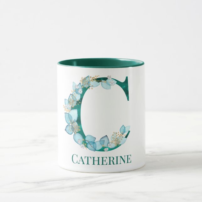 Mug Lettre C Monogramme Or et Sarcelle Aquarelle (Centre)