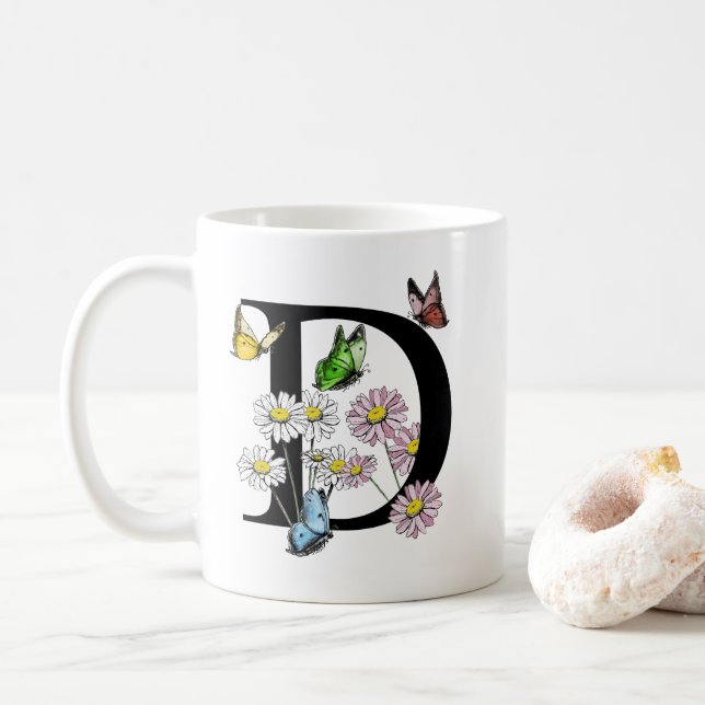 Mug Lettre D Aquarelle Botanique Papillon Monogramme (Avec donut)