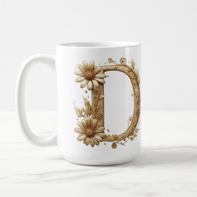 Mug Lettre D dorée élégante avec motif floral (Gauche)
