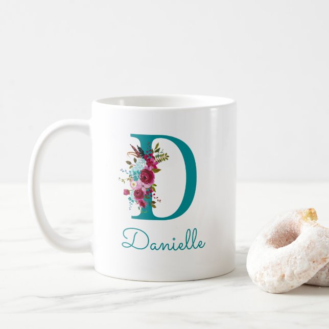 Mug Lettre D Floral rose Turquoise (Avec donut)