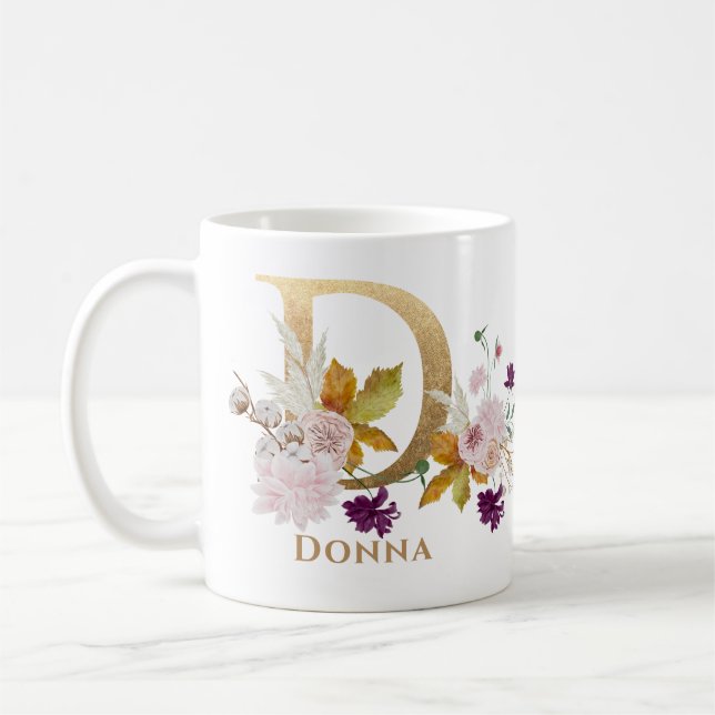Mug Lettre D - Gold Floral Nom soeur collègue ami coll (Gauche)