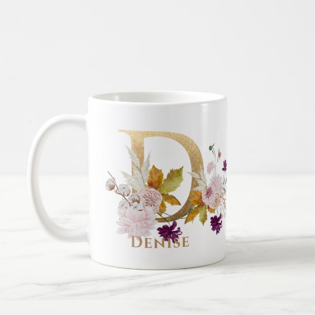 Mug Lettre D - Gold Floral Nom soeur collègue ami coll (Gauche)