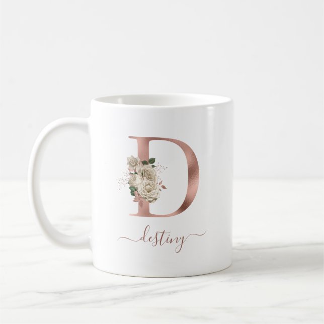 Mug Lettre "D" monogramme en or rose ivoire floral (Gauche)