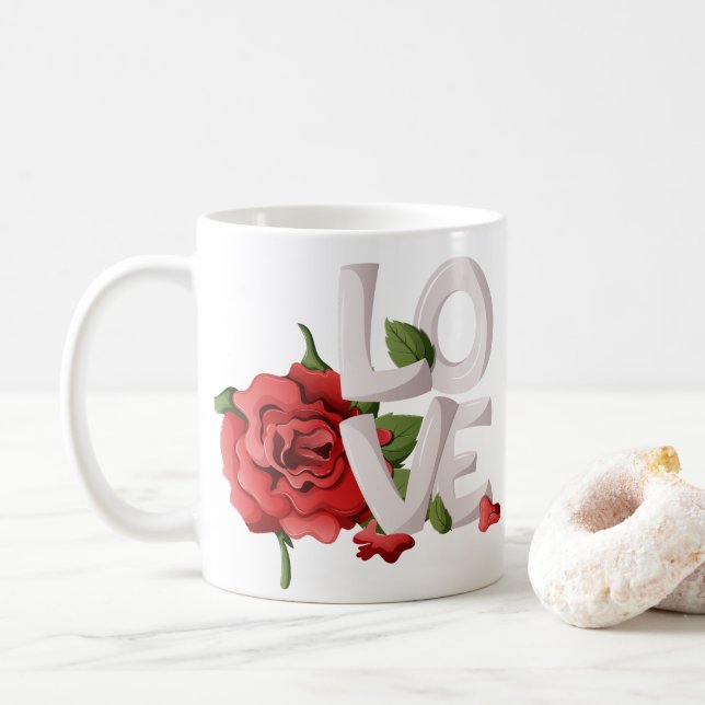 Mug Lettre d'amour en gras avec feuillage de rose roug (Avec donut)