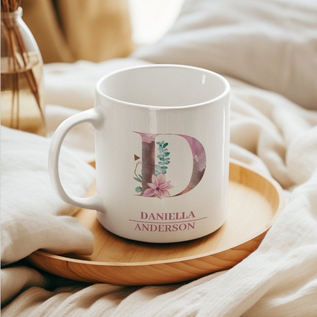 Mug LETTRE D'Aquarelle D'OR Rose Monogramme (Créateur téléchargé)