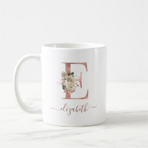 Mug Lettre de monogramme "E" en or rose ivoire floral