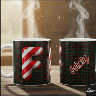 Mug Lettre de Noël F rayée en forme de canne à bonbon