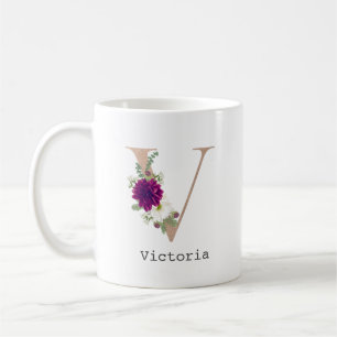 Mug Lettre de nom personnalisé Floral Alphabet "V"