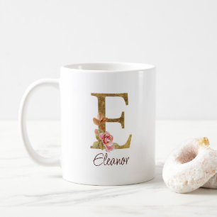 Mug Lettre de nom personnalisée E Roses roses blush fe