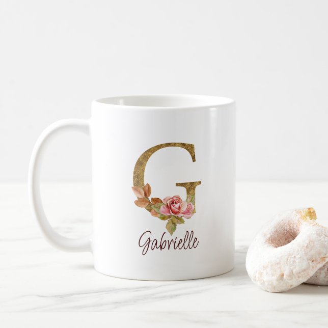 Mug Lettre de nom personnalisée G Rose poudré et feuil (Avec donut)