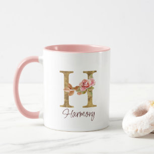 Mug Lettre de nom personnalisée H Rose blush doré