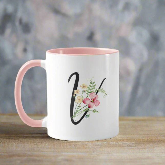 Mug Lettre de script "V" des fleurs botaniques moderne (Créateur téléchargé)
