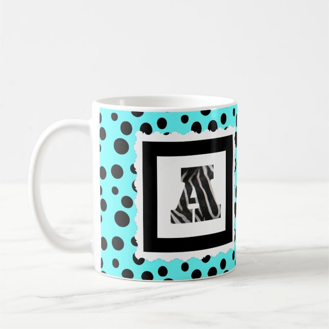 Mug Lettre d'impression de zèbre "A" sur l'Aqua/pois (Gauche)