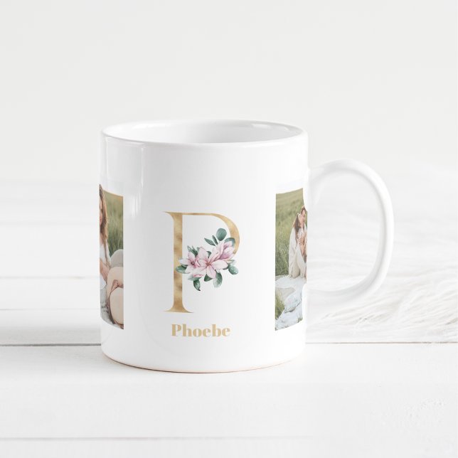 Mug LETTRE D'OR Moderne P Fleur | Deux monogrammes pho (Créateur téléchargé)