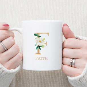 Mug Lettre d'or Monogramme F   Vert rose floral