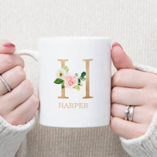 Mug Lettre d'or Monogramme H   Vert rose floral