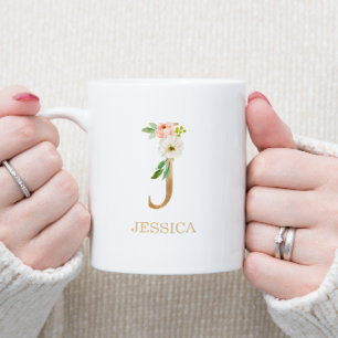Mug Lettre d'or Monogramme J   Vert rose floral