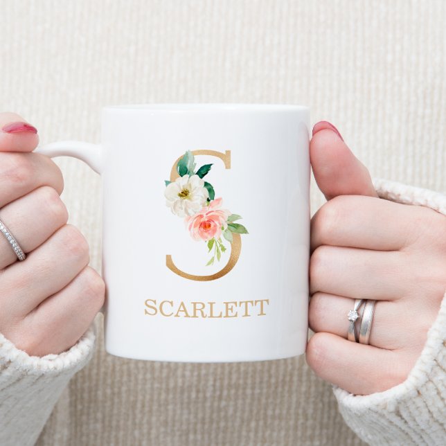 Mug Lettre d'or monogramme S | Vert rose floral (Créateur téléchargé)