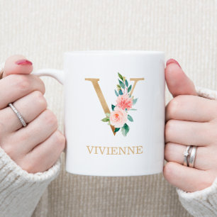Mug Lettre d'or Monogramme V   Vert rose floral