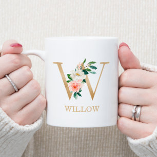 Mug Lettre d'or Monogramme W   Vert rose floral