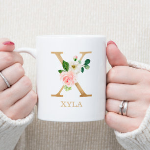 Mug Lettre d'or monogramme X   Vert rose floral