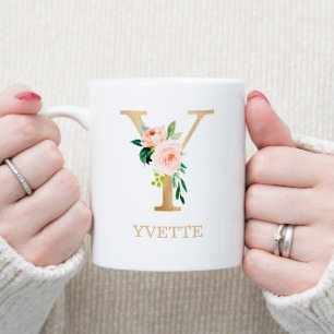 Mug Lettre d'or monogramme Y   Vert rose floral