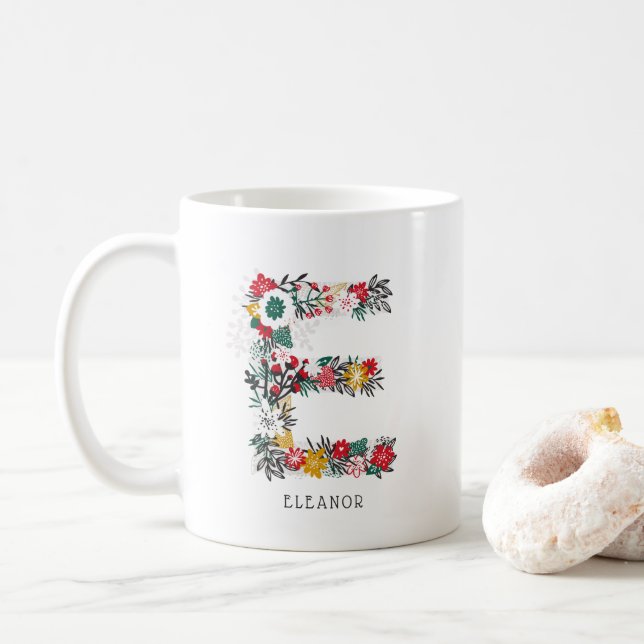 Mug Lettre E | LETTRE FLEURIE Whimsical Monogramme I M (Avec donut)