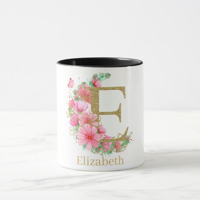 Mug Lettre E Monogramme Floral et Or Aquarelle (Centre)
