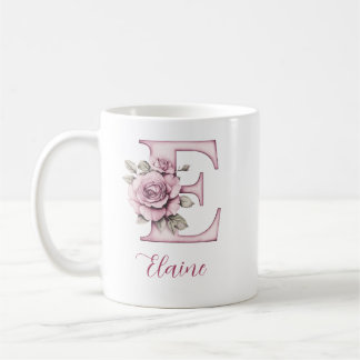 Mug LETTRE E MONOGRAPHIQUE FLORALE Rose Élégant Person