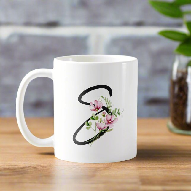 Mug LETTRE Élégante Calligraphie Noire "S" Florale (Créateur téléchargé)