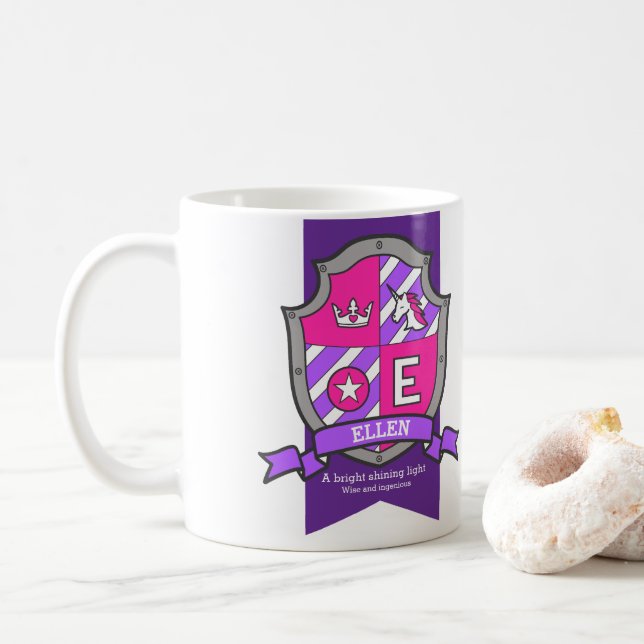 Mug Lettre Ellen E crest rose unicorne nom signifiant (Avec donut)
