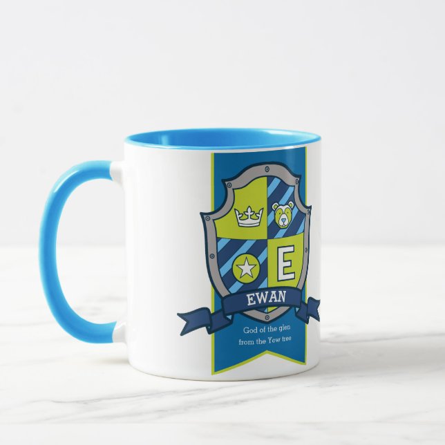 Mug Lettre Ewan E crête bleu vert nom signifiant muque (Gauche)
