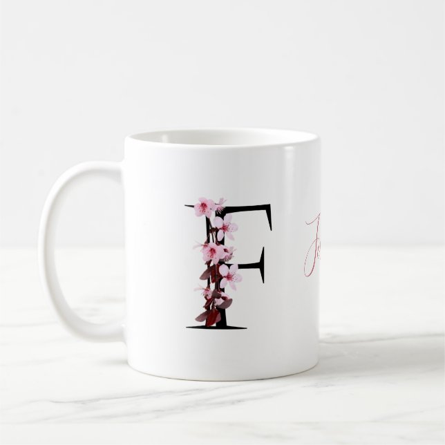 Mug Lettre F, Fleur de cerisier | Nom du script du mon (Gauche)