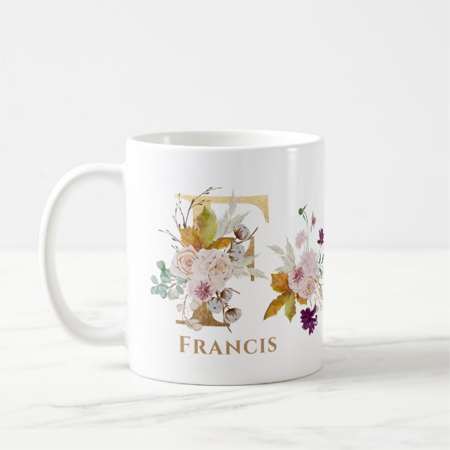 Mug Lettre F - Gold Floral Nom soeur collègue ami coll (Gauche)