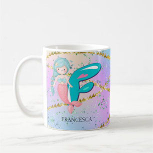 Mug Lettre F Monogramme Aquarelle mignonne Sirène