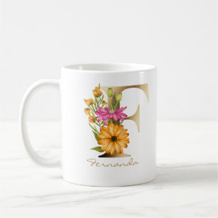 Mug Lettre F Monogramme d'or Flore rose jaune vert