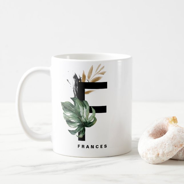 Mug Lettre F Monogramme | Monstère tropicale personnal (Avec donut)