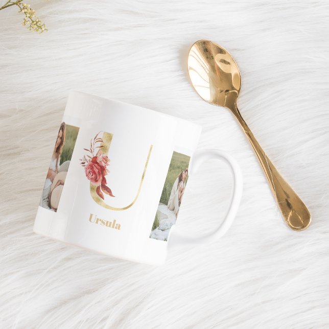 Mug LETTRE FLEUR D'OR ACTUELLE U | Deux monogrammes ph (Créateur téléchargé)