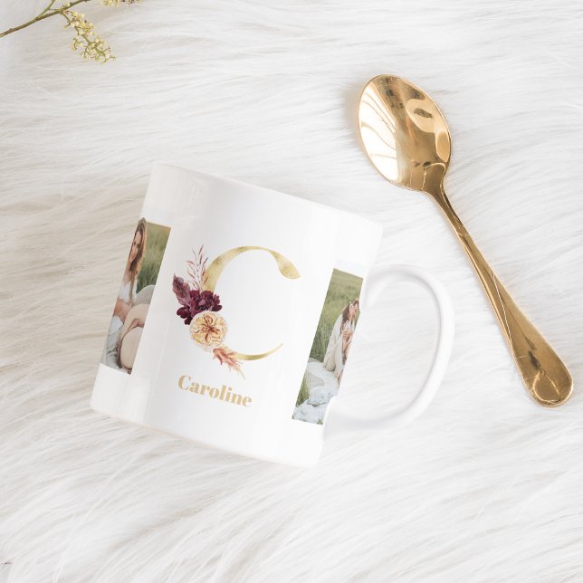 Mug LETTRE FLEUR D'OR C | Deux monogrammes photo (Créateur téléchargé)