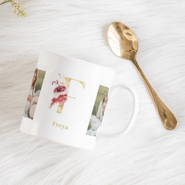Mug LETTRE FLEUR D'OR F | Deux monogrammes photo (Créateur téléchargé)