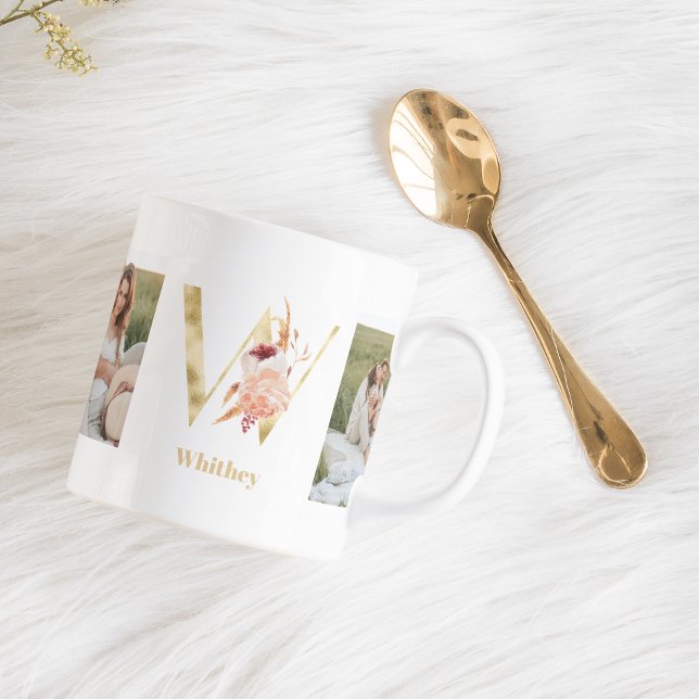Mug LETTRE FLEUR D'OR W | Deux monogrammes photo (Créateur téléchargé)