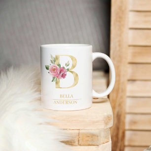 Mug LETTRE FLEURIE D'Aquarelle Or Tendance B   Monogra