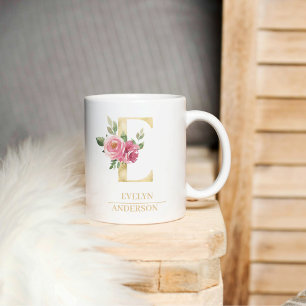Mug LETTRE FLEURIE D'Aquarelle Or Tendance E   Monogra