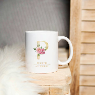 Mug LETTRE FLEURIE D'Aquarelle Or Tendance P   Monogra