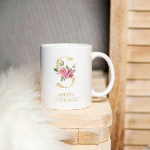 Mug LETTRE FLEURIE D'Aquarelle Or Tendance S   Monogra